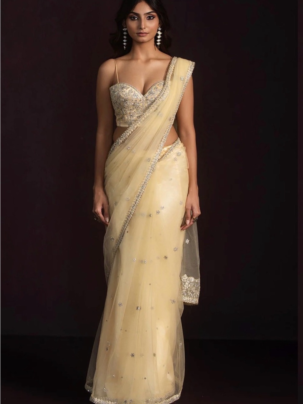 Elegant Pale Yellow Sequined Saree Dress with Embellished Blouse